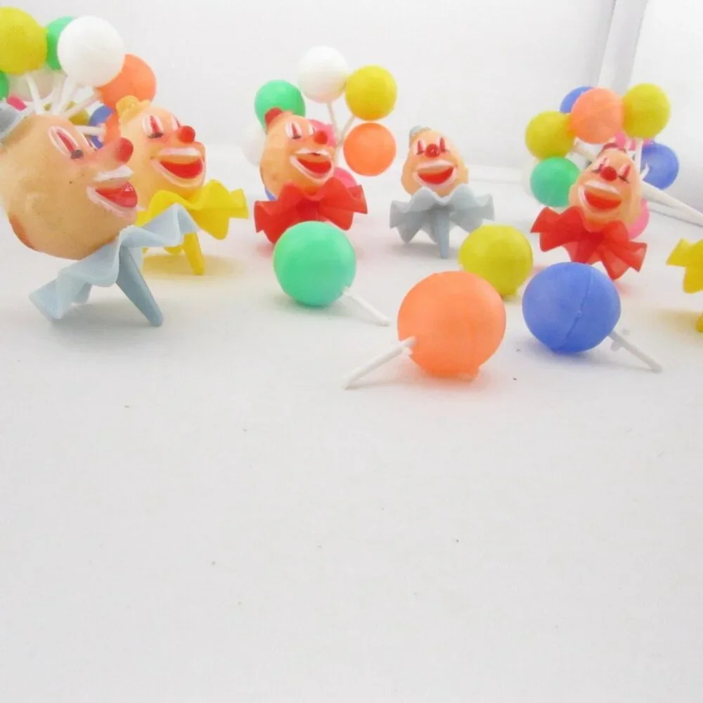 Vintage WILTON Circus Clown Cupcake Cake Toppers Set 6 W/ Balloon Pick Party